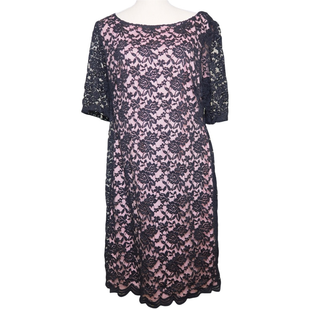Black/Pink Underlay Lace Dress - Size: 16